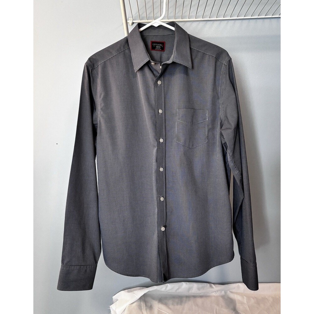 UNTUCKit Shirt Men’s Navy Blue Marcasin Check Plaid Long Sleeve Button Up size M